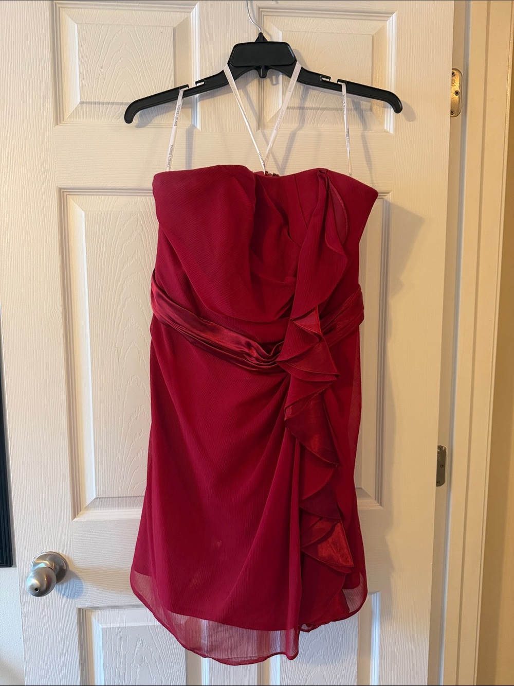 David's Bridal Strapless Ruffle Dress in Wine Red